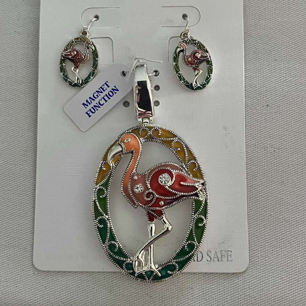 Flamingo Jewelry Set With Magnet Function - Lead Safe Earrings & Pendant